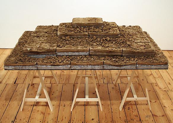 Apprehension Table #2 (pyramid)
2008
earth, tape, glass, wood
102.5 x 180 x 110 cm