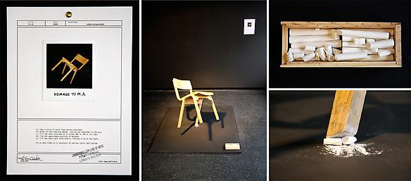 R=O
2009
chair, chalk, document, a square black board