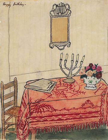 Elizabeth Bishop
Table with Candelabra
nd
watercolor, gouache and ink on paper
7 1/2 x 5 7/8 inches