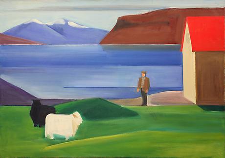 Icelandic Landscape with Sheep, Man and Red Roof
c.1983
oil on canvas
37 x 52 inches