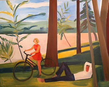 Maine, Girl with Bicycle and Recumbent Man
1976
oil on canvas
72 x 90 inches