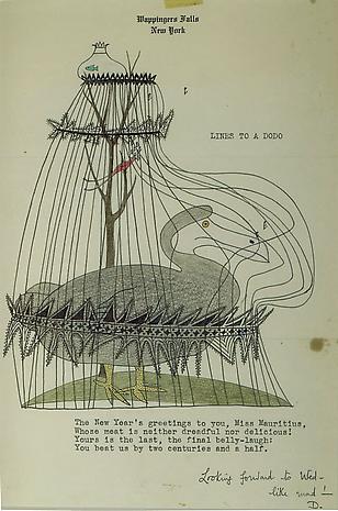 Dodo in a Cage
1951
ink and colored pencil on stationery
10 1/2 x 7 1/4 inches