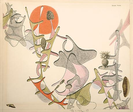 Evolution with Mushrooms, Bud, and Pineapple
1946
ink, colored pencil, and cut printed reproductions on paper
13 5/8 x 16 3/8 inches