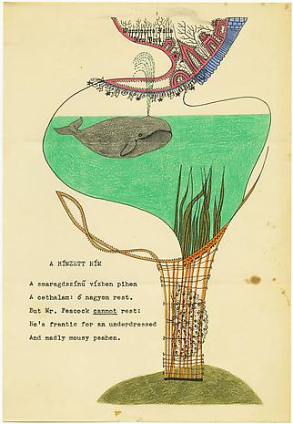 Peacock in a Cage
1951
ink and colored pencil on stationery
10 1/2 x 7 1/4 inches