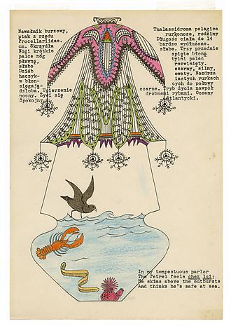Petrel in a Cage
1951
ink and colored pencil on stationery
10 1/2 x 7 1/4 inches
