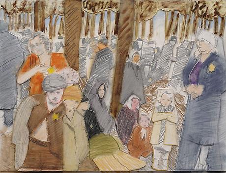 Four Seasons: Fall in the Forest of Birkenau
1990
pencil and colored pencil mounted on sculpted foamboard
26 1/2 x 34 1/4 x 1 7/8 inches